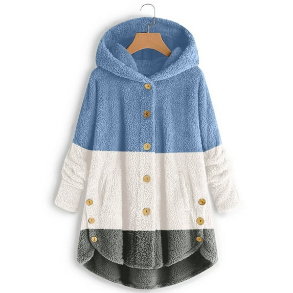 Aayomet Coats for Women 2023 Women Hooded Fuzzy Coat Solid Oversized Contrast Color Edging Winter Warm Fur Jacket Outerwear,Blue M