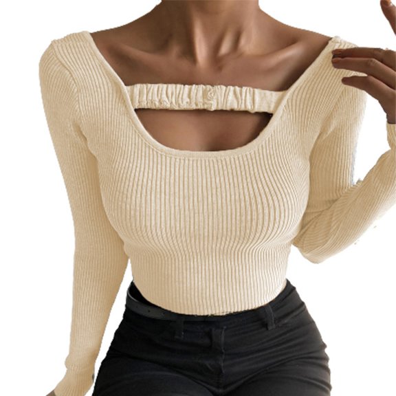 Aayomet Crop Tops Womens Fall Long Sleeve Stretch Slim Round Neck Ribbed Basic Shirts,Beige XXL