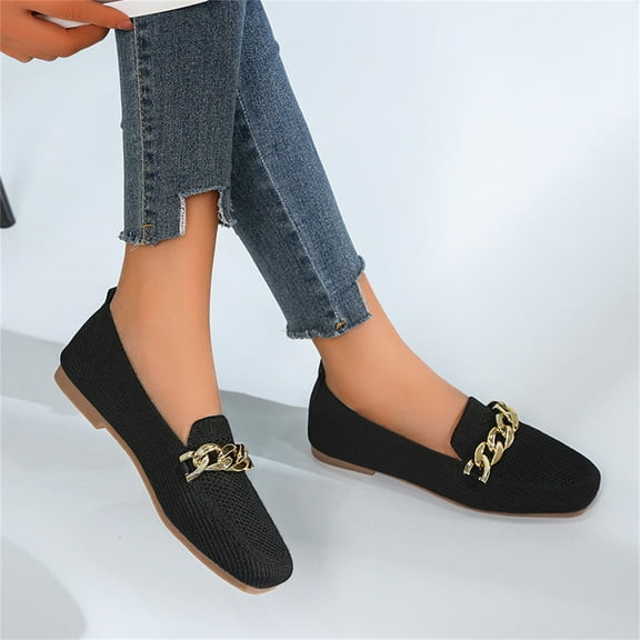 Aayomet Cute Womens Shoes Casual Ladies Fashion Solid Color Breathable Knitted Metal Chain Decorative Flat Sole Casual Shoes,Black 9