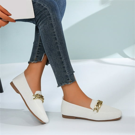 Aayomet Cute Womens Shoes Casual Ladies Fashion Solid Color Breathable Knitted Metal Chain Decorative Flat Sole Casual Shoes,White 6.5