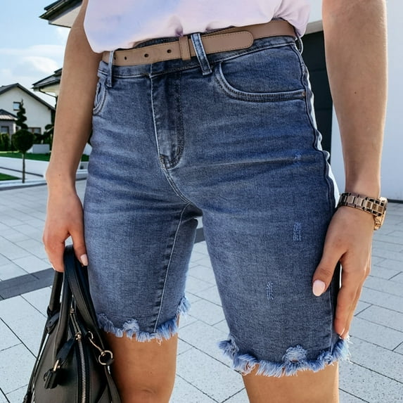 Aayomet Denim Shorts Women Jeans Shorts Women's Casual Stretch Pockets Denim Shorts Frayed Ripped Fashion Summer Hot Shorts Blue,XXL