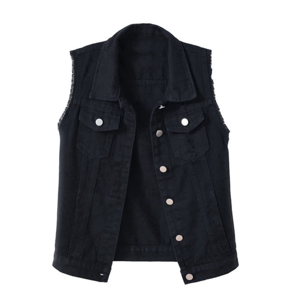 Aayomet Denim Vest for Women Womens Beading Pearls Denim Button Vest Ripped Waistcoatvest Sleeveless Jean Jacket (Black,L)