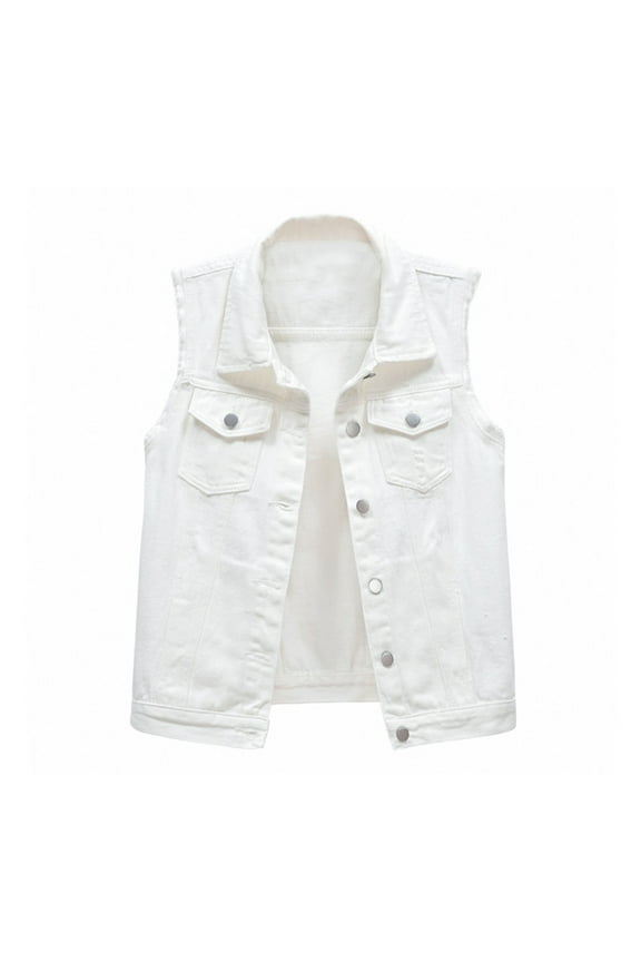 Denim Vest for Women Womens Beading Pearls Denim Button Vest Ripped Waistcoatvest Sleeveless Jean Jacket (White,XL)