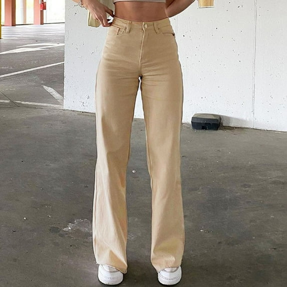 Aayomet Dress Pants Women Women Solid Color Jeans Sagging Loose Slim Waist Straight Pants Women's Casual Formal Pants for Women,Khaki S