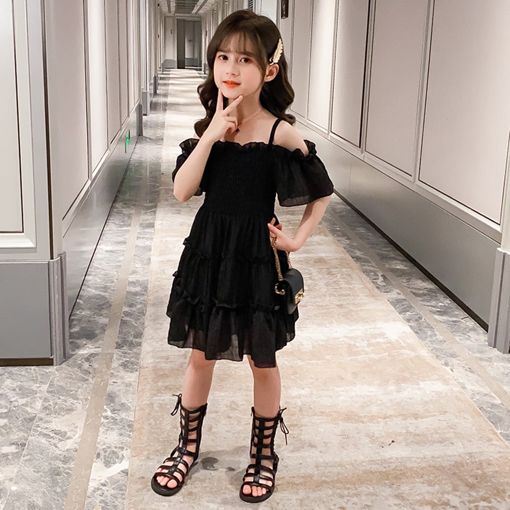 Girls Ruched Years Strap For Princess Children Aayomet Girls Dresses Baby Off Dress&Skirt,Black Shoulder Kids Girls Dresses 6-7 Solid