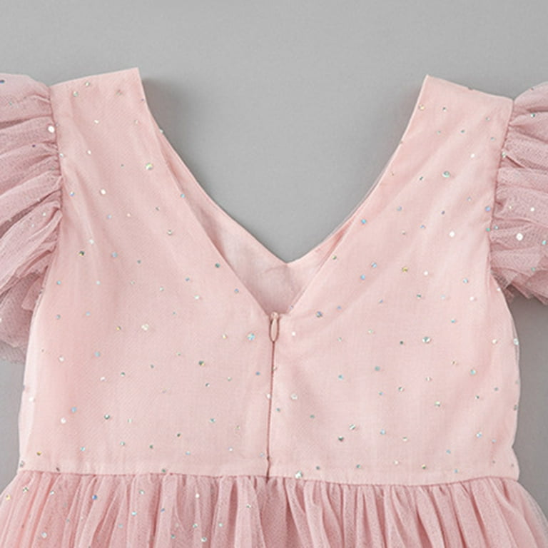 Pink Girls Stars Ruffles Frill Neck Tulle Princess Dress Pink Girls Stars Ruffles Frill Neck Tulle Princess Dress