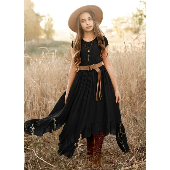 Aayomet Dresses For Teens Girls Trendy Girls Dress Long Sleeve A Line Twirly Skater Loose Casual/Party Dresses with Pocket,Black 9-10 Years