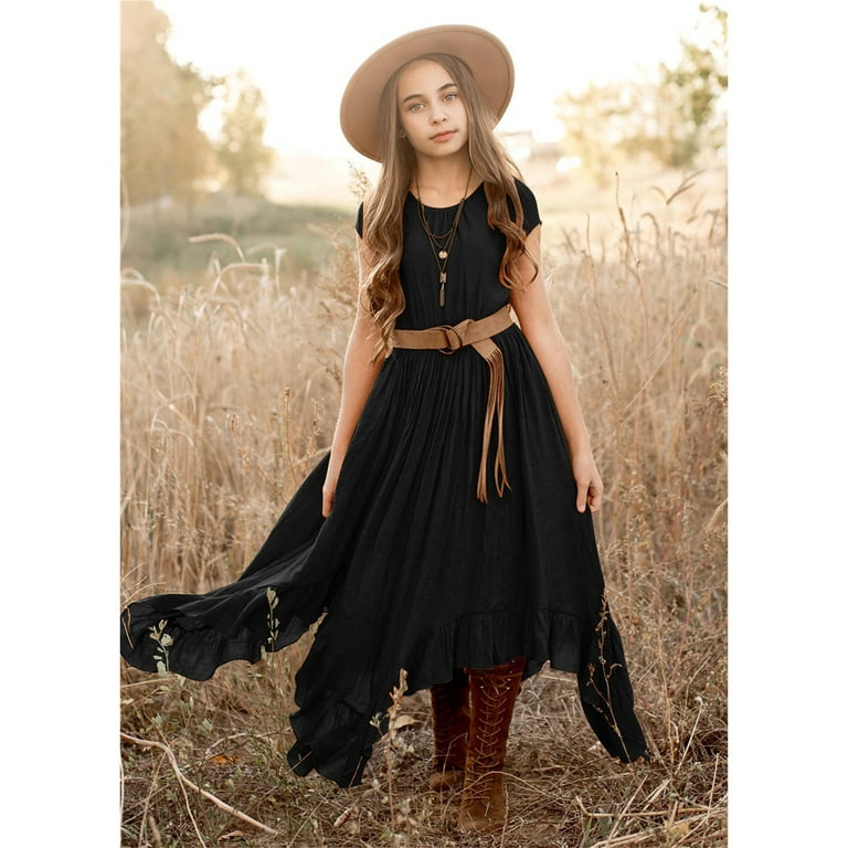 Aayomet Dresses For Teens Girls Trendy Girls Dress Long Sleeve A Line  Twirly Skater Loose Casual/Party Dresses with Pocket,Black 9-10 Years 