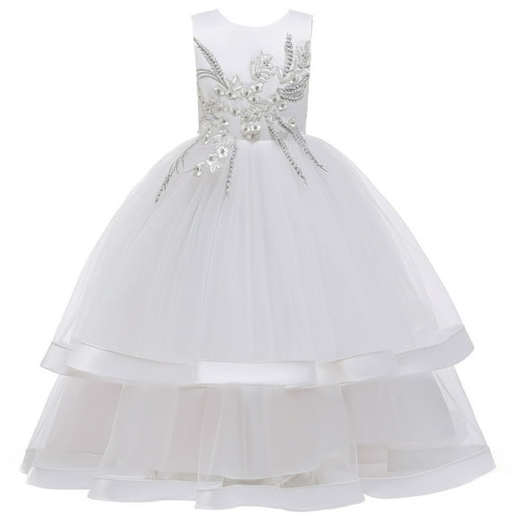 Aayomet Dresses For Teens Girls Trendy Girl's Floral Lace Panel Long Mesh Sleeve Round Neck Keyhole Back Formal Flared A Line Short Dress,White 5-6 Years