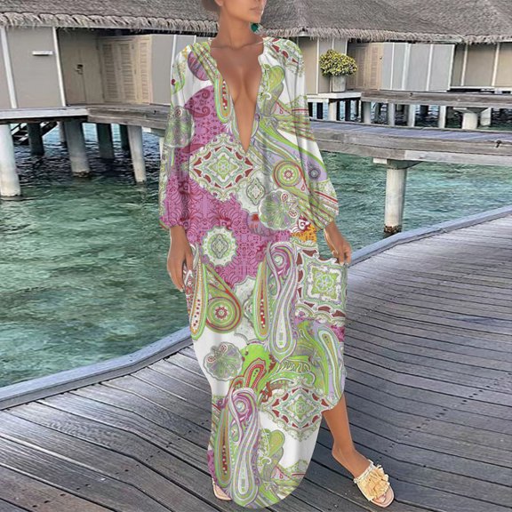 Aayomet Dresses for Women 2023 Casual Womens Casual V Neck Long Sleeve Floral Print Button Up Midi Dress,Green L