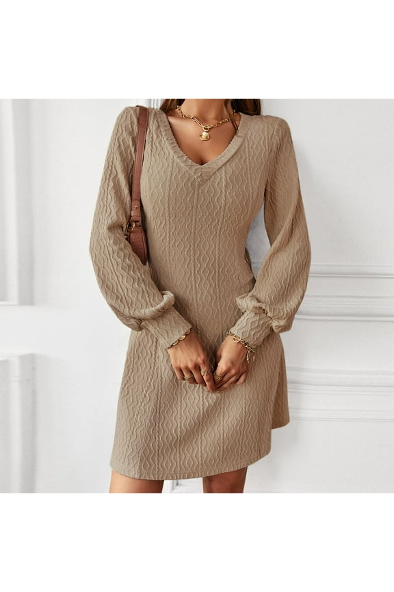 Dresses for Women 2023 Women's Neck Ribbed Long Sleeve Bodycon Pullover Cute Mini Sweater Dress,Khaki XL
