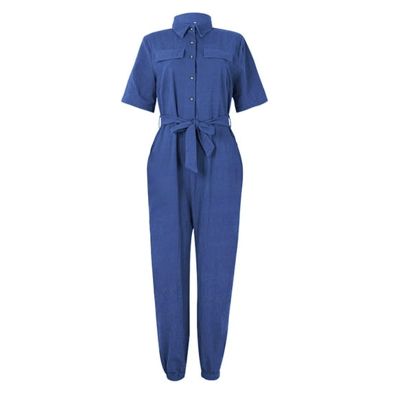 Aayomet Dressy Jumpsuits For Women Women's Short Sleeve Collared Cropped Coverall Button Down Tie Waist Cotton Cargo Jumpsuit,Blue XL