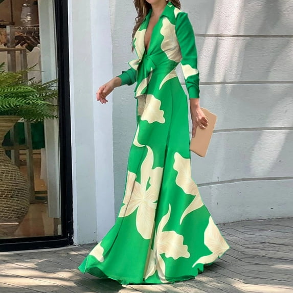 Aayomet Dressy Jumpsuits for Women Women Waist High Long Sleeve Sense Green Deep V Neck Light French Long Big Swing Dress,GN2 XL