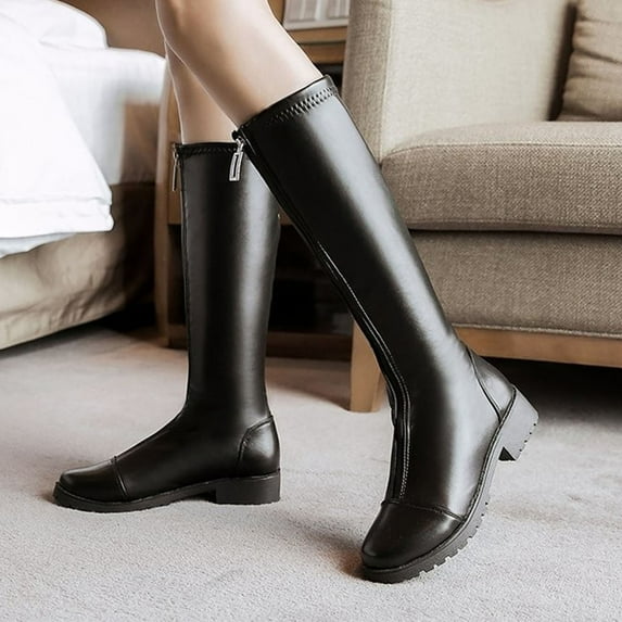 Aayomet Fall Boots for Women 2023 Women Medium Boots Thick Heel Low Heels Solid Color Black Front Zipper Comfortable (Black, 7.5)