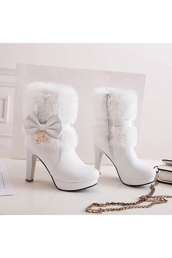 Fall Boots for Women Artificial PU Medium Fluff Warm Bowknot Platform Thick Heel High Heel White Pink Snow (White, 8)
