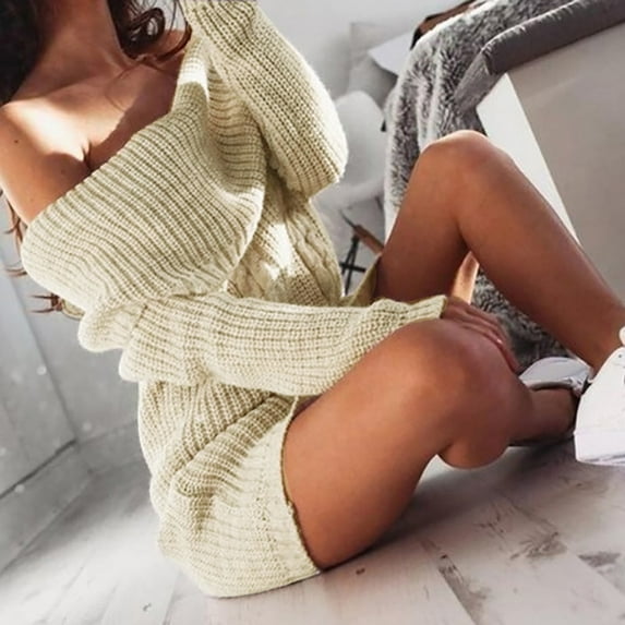 Fall Dresses Women's Long Puff Sleeve Neck Sweater Dress Knit Bodycon Pullover Mini Dress