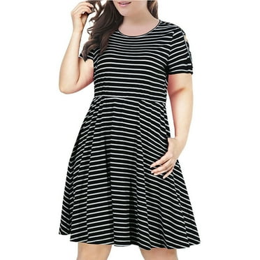 Aayomet Fashion Women Plus Size O-Neck Short Sleeve Stripe Cold Shoulder Mini Dress,Black XXXL