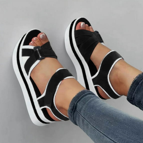 Aayomet Flat Sandals for Women Ladies Fashion Summer Color Blocking Open Toe Hook Loop Thick Wedge Heel Sandals,Black 7.5