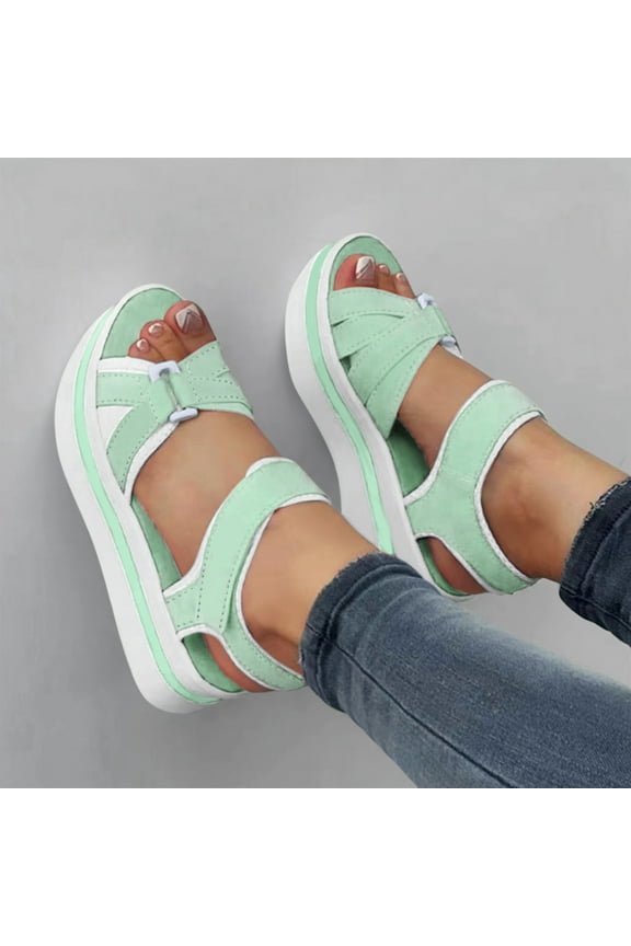 Flat Sandals for Women Ladies Fashion Summer Color Blocking Open Toe Hook Loop Thick Wedge Heel Sandals,Mint Green 7