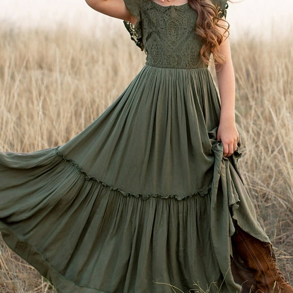 Aayomet Flower Girl Dresses Kids Toddler Baby Girls Spring Summer Solid Ruffle Sleeveless Bohemia Carnival Accessory Princess,Green 11-12 Years