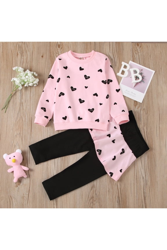 Girls 2 Piece Outfits Valentine's Day Long sleeve Round Neck Heart-Shaped Print Tops Pants Set Outfit (Pink, 4-5 Years)