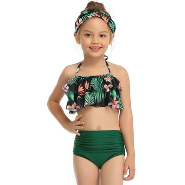 Aayomet Girls Bathing Suits Bikini Swimwear Little Bathing Two 212Y Girls Floral Beach Toddler Ruffles Swimsuit Wear Pieces Kids,Green 6-8 Years
