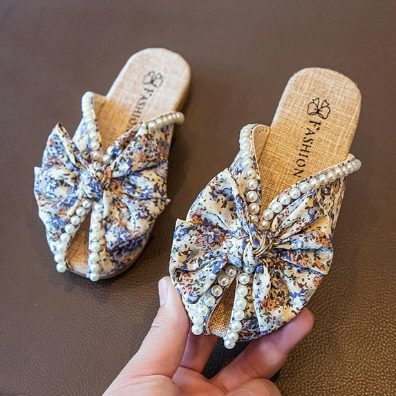 Aayomet Girls Bowknot Slippers Pearl Soft Sole Princess Shoes Floral Baotou Slippers Girls Sandals Size 2,Blue 12