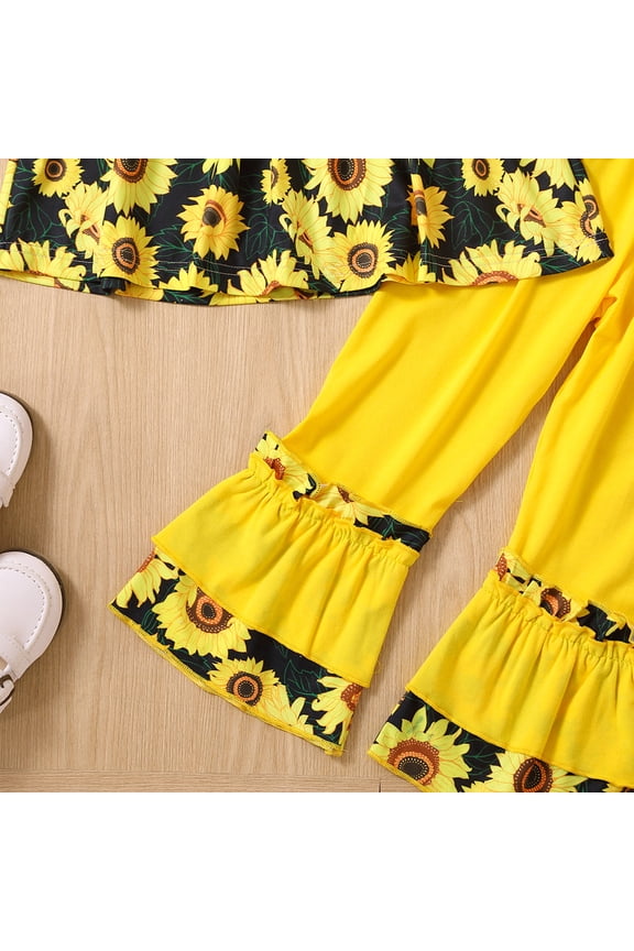 Girls Clothing Set Sleeve Sunflower Flower Print Trumpet Sleeve Top Yellow Flare Pants Suit Outfits (A, 5-6 Years)