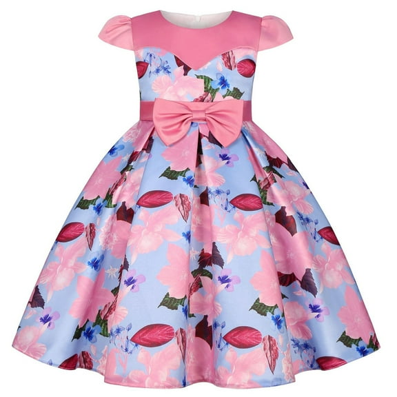 Aayomet Girls Dress Rose Flower Double Bow Tie Party Sundress (Pink, 2-3 Years)