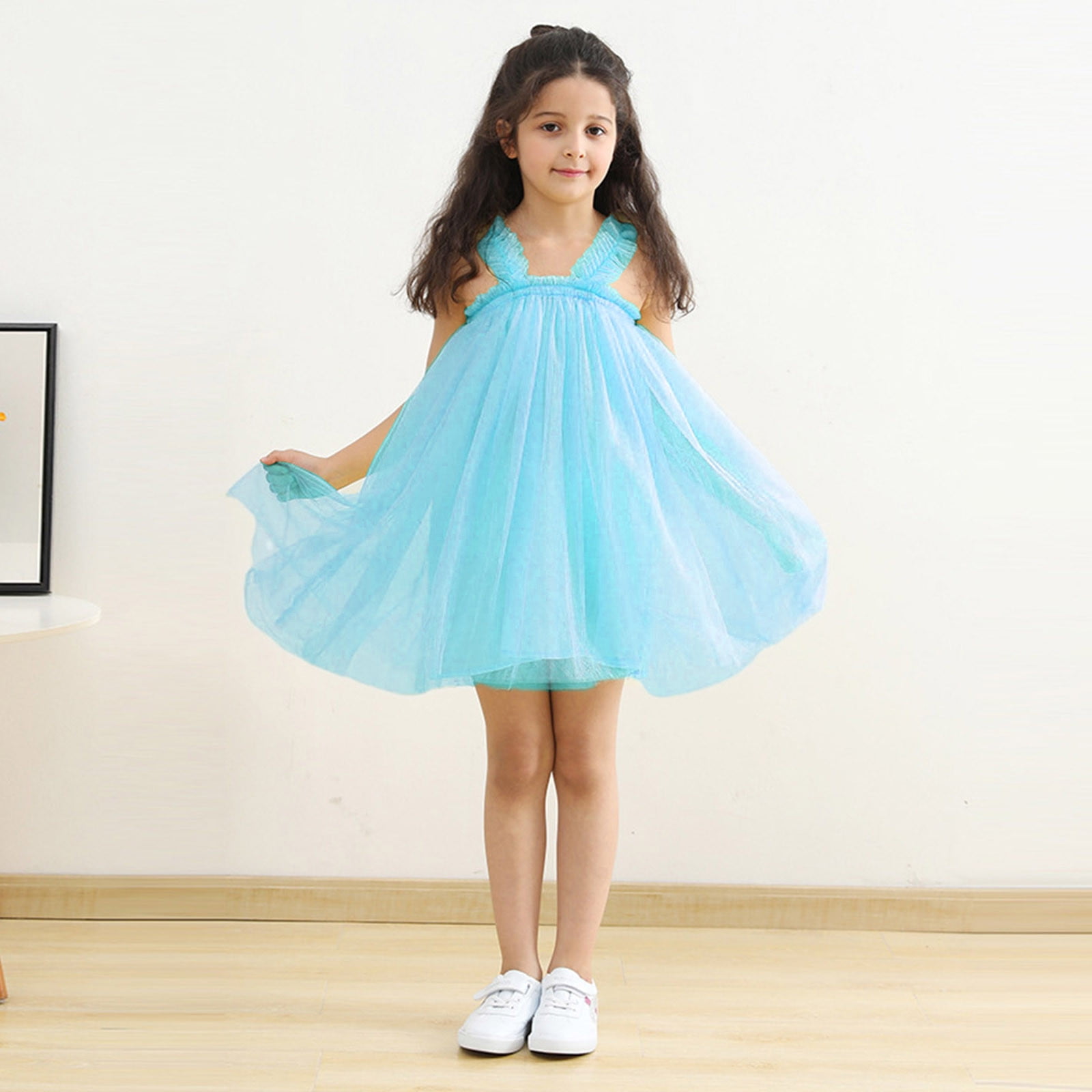 Aayomet Girls Dresses Little Girls Kids Summer Chiffon Ruffle Mini Dress Square Neck Lantern Sleeve Short Dress Tulle Smocked Light Blue 3 4 Years