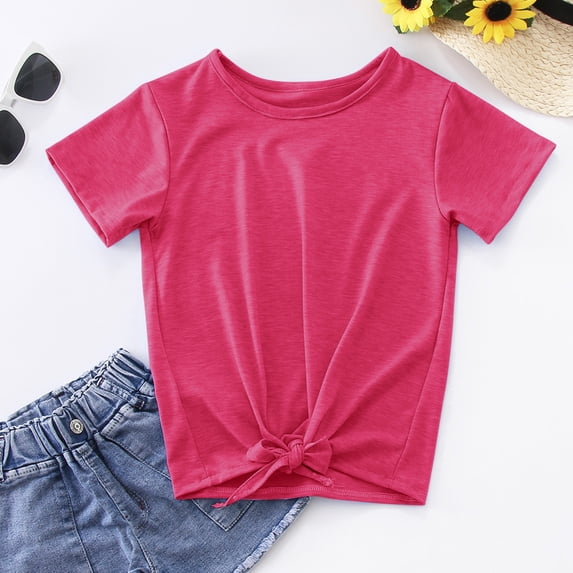 Aayomet Girls Summer Casual Tops Little Girls Tie Front Knot T Shirt Solid Short Sleeve Crewneck Fashion Loose Casual Summer,Hot Pink 10-11 Years