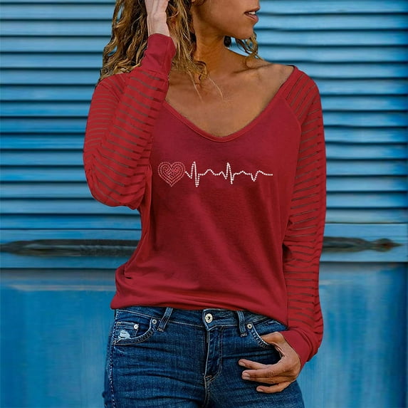 Aayomet Gym Tops For Women Women's Classic-Fit Long-Sleeve Crewneck T-Shirt,Red XXL