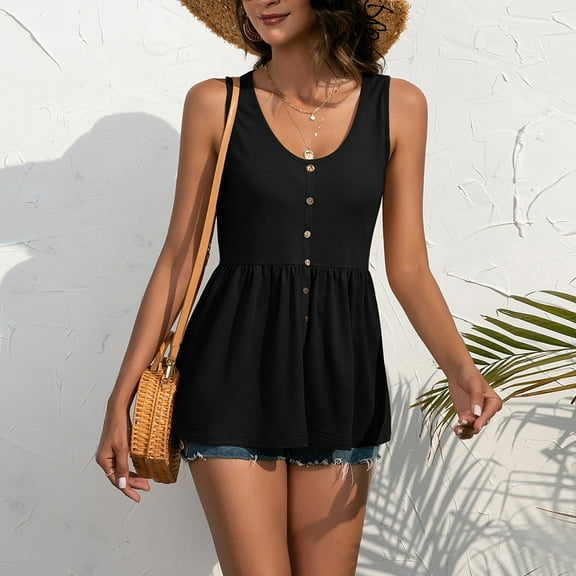 Aayomet Halter Tops for Women Womens Button Cute Tops Up Tops Peplum Blouse V Shirts Sleeveless Tank Casual Neck Women's Tanks &,Black XL