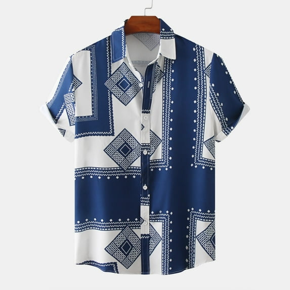 Aayomet Hawaiian Shirt For Men Male Summer Casual Geometric Print Shirt Short Sleeve Mens Silk Shirts Short Sleeve Dark Blue,M