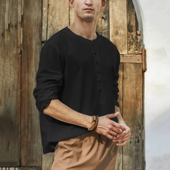 Aayomet Hawaiian Shirt For Men Men Solid Color Top Shirt Round Neck Shirt Loose Long Sleeve Bowling Shirts For Men Black,3XL