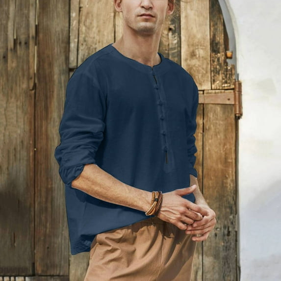 Aayomet Hawaiian Shirt For Men Men Solid Color Top Shirt Round Neck Shirt Loose Long Sleeve Bowling Shirts For Men Navy,L