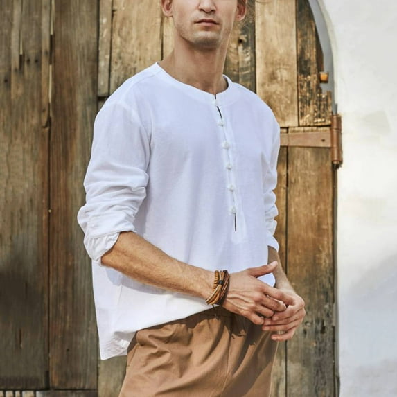 Aayomet Hawaiian Shirt For Men Men Solid Color Top Shirt Round Neck Shirt Loose Long Sleeve Bowling Shirts For Men White,XXL