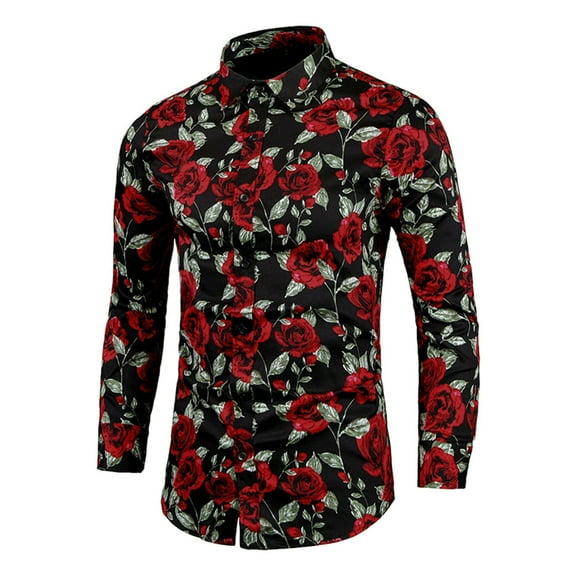Aayomet Hawaiian Shirt For Men Men's Floral Printed Top Shirt Matching Turndown Collar Long Sleeve Work Shirts For Men Black,3XL