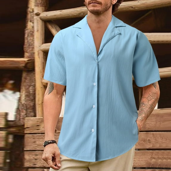 Aayomet Hawaiian Shirt Male Summer Casual Solid Fold Shirt Short Sleeve Turn Down Collar Black Button Up Shirt Women Sky Blue,XXL