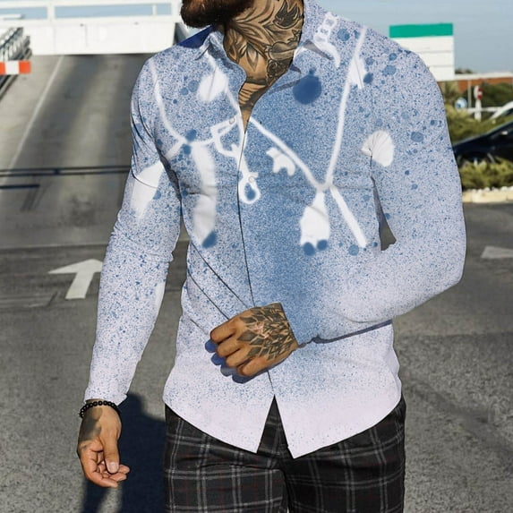 "Aayomet Hawaiian Shirt Men Autumn Winter Single Casual Lapel Full Print Mens Short Sleeve Button Down Shirts Blue,XL"