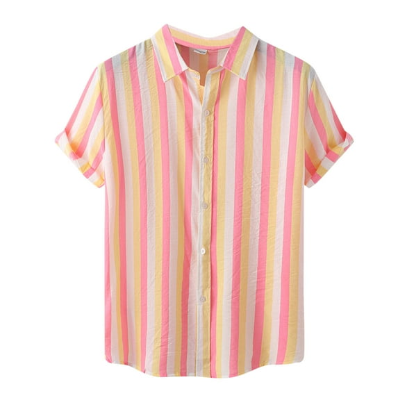 "Aayomet Hawaiian Shirt Men's Casual Top Shirts Stripe Print Shirt Short Sleeve Single Mens Workout Shirts Pink,L"