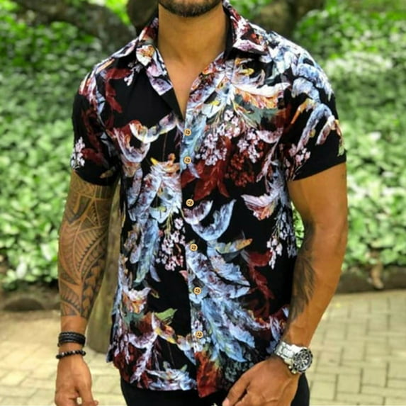 Aayomet Hawaiian Shirt Mens Fashion And Leisure 3D Digital Printing Buckle Lapel Short Sleeve Shirt Flannel Shirt Men Black,L