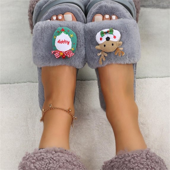Aayomet Heated Slippers Women Color Cartoon Christmas Decoration Plush Casual Flat Cotton Slippers (Gray, 7)
