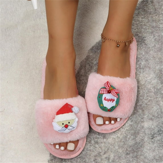 Aayomet Heated Slippers Women Color Cartoon Christmas Decoration Plush Casual Flat Cotton Slippers (Pink, 10)