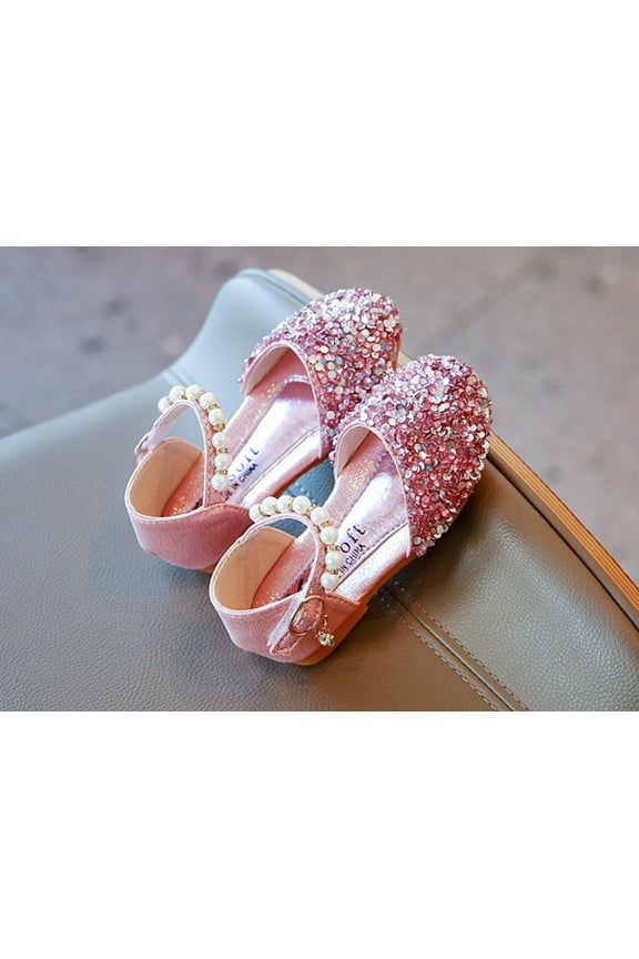 Heels Low Kids Shoes Princess Party Little Pumps Rhinestone Dance Dress Glitter Girls Sequins Toddler Pool Slides,Pink 6.5