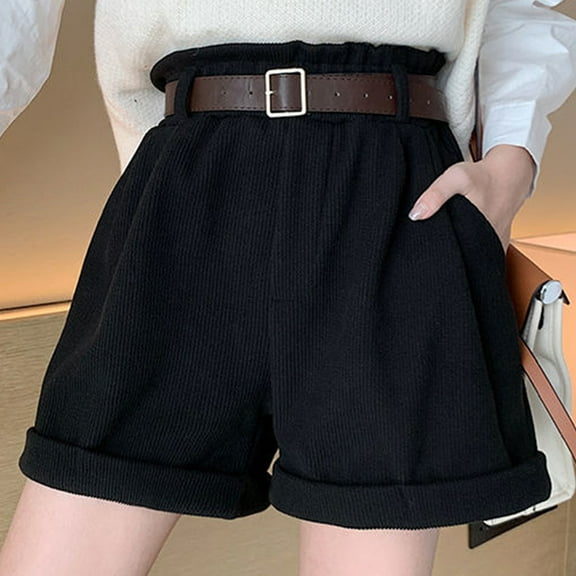 Aayomet High Super Waist Pleated Casual Corduroy Shorts Soft Loose Pocket Wide Women's Summer Leg Pants,Black L