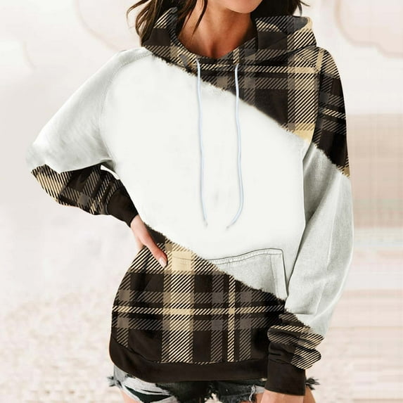 Aayomet Hoodies For Women Graphic Design Women Plus Size Pullover Hoodie Colorblock Striped Long Sleeve Hooded Sweatshirt,Khaki M