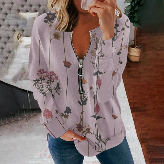 Aayomet Hoodies For Women Women Fashion Casual Flowers Pringting Zipper Long Sleeves Casual Crewneck Sweatshirts Pink,S-XXL