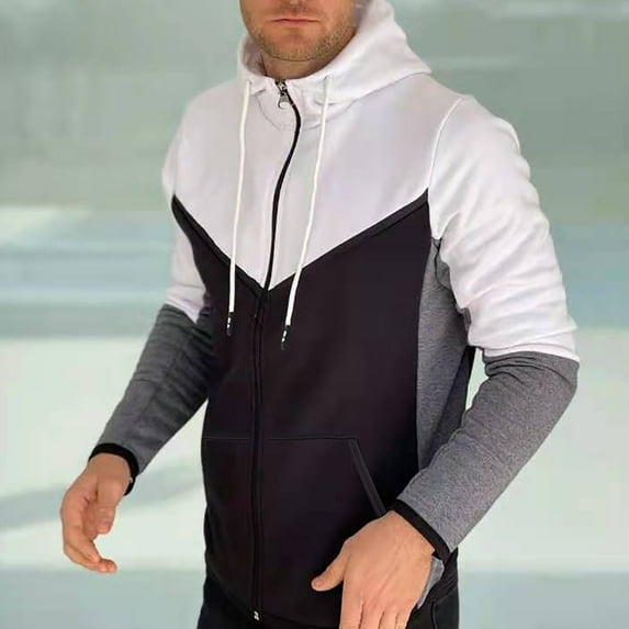 Aayomet Hoodies For Men Fashion Men's Casual Workout Hoodie Full Zip Tops Drawstring Stitching Collision Color Long Sleeve Comfy Hooded Sweatshirt Tunics,White XL