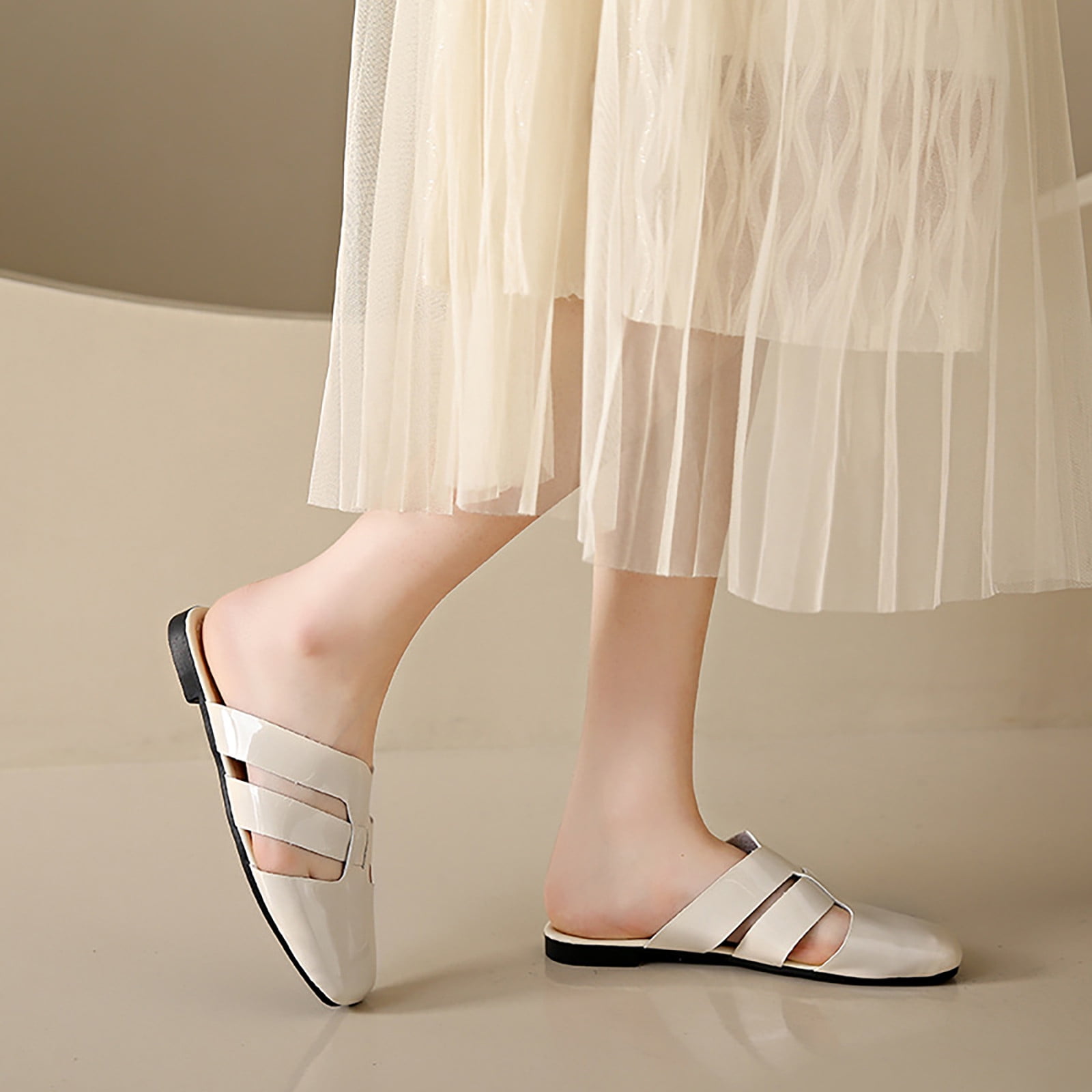 Aayomet House Slippers for Women Cover Half Toe Slippers Female Summer 2023 New Korean Edition Flat Bottom Square Head Foreign White 6.5